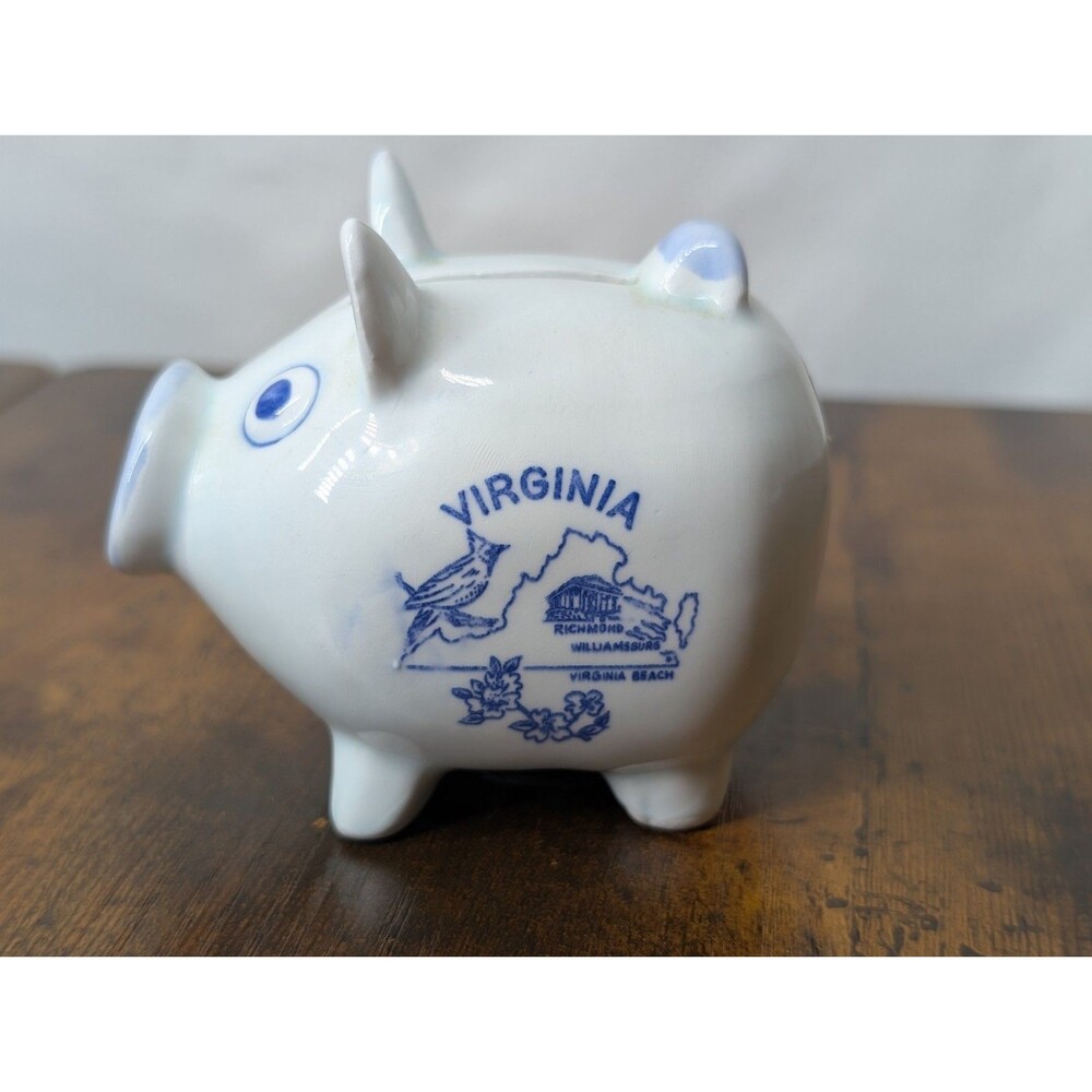 VTG Ceramic Piggy Bank Virginia Souvenir Coin/Money White/Blue